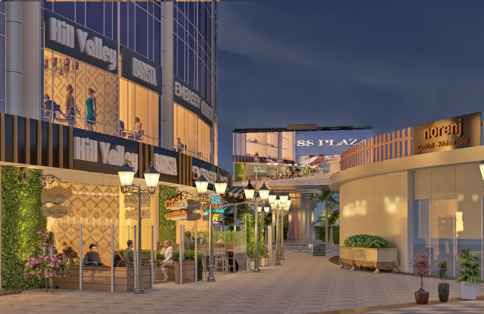 S.S. Plaza retail and dining promenade at dusk