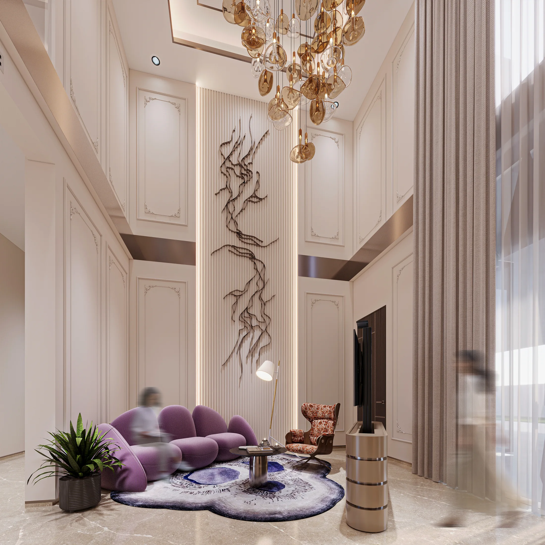 Sculptural lounge with curved violet seating, an art feature wall and soft daylight