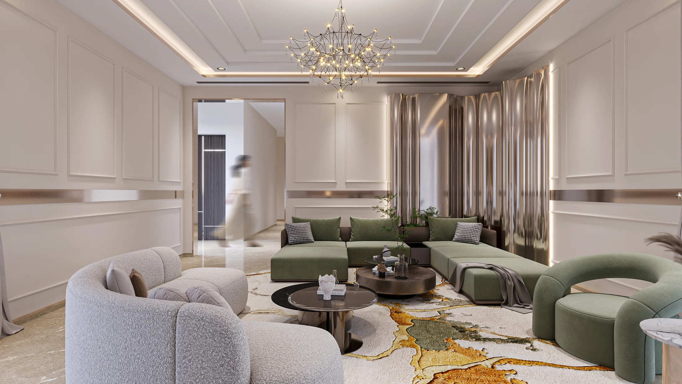 Bright living room with curved cream seating, green accents and a chandelier