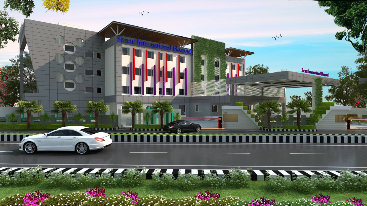 Daytime view of a hospital exterior with landscaped grounds