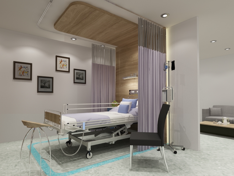 Hospital patient suite with adjustable bed, bedside storage and warm wood finishes