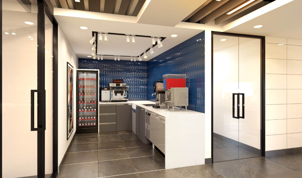 Workplace kitchen and pantry with blue tile accent wall, beverages fridge and coffee station