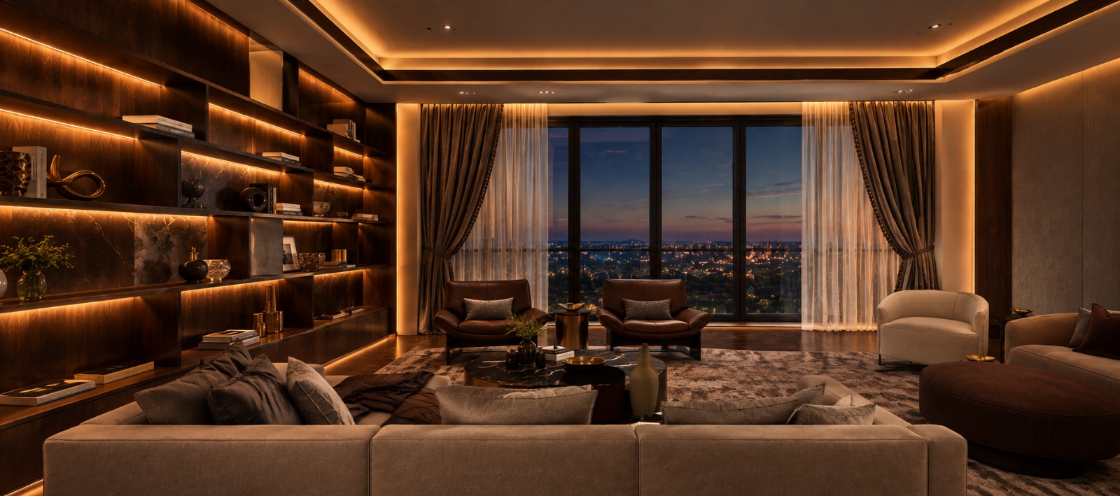 Private villa living room with a city view