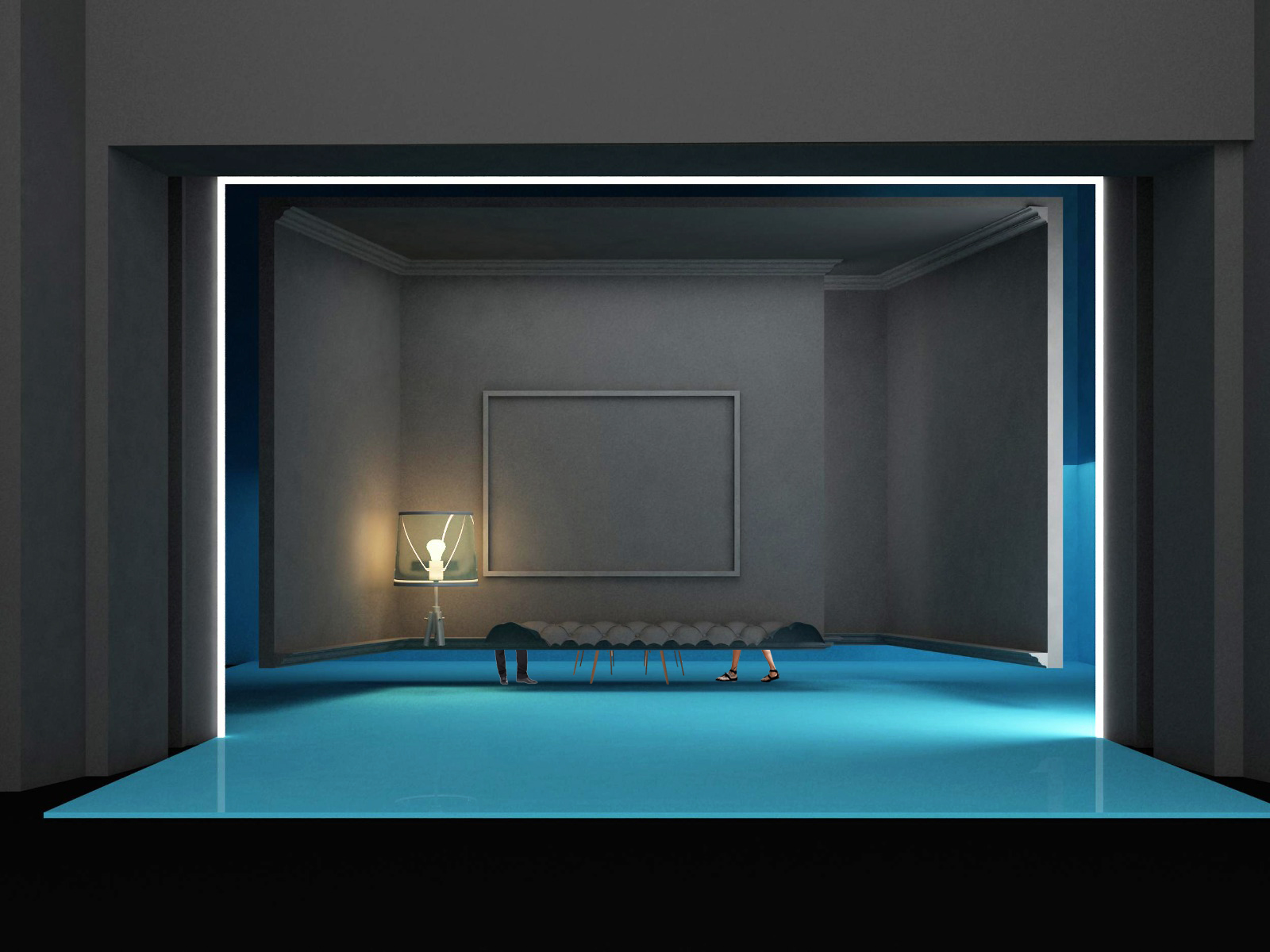 Blue-lit interior installation with a framed display and seating